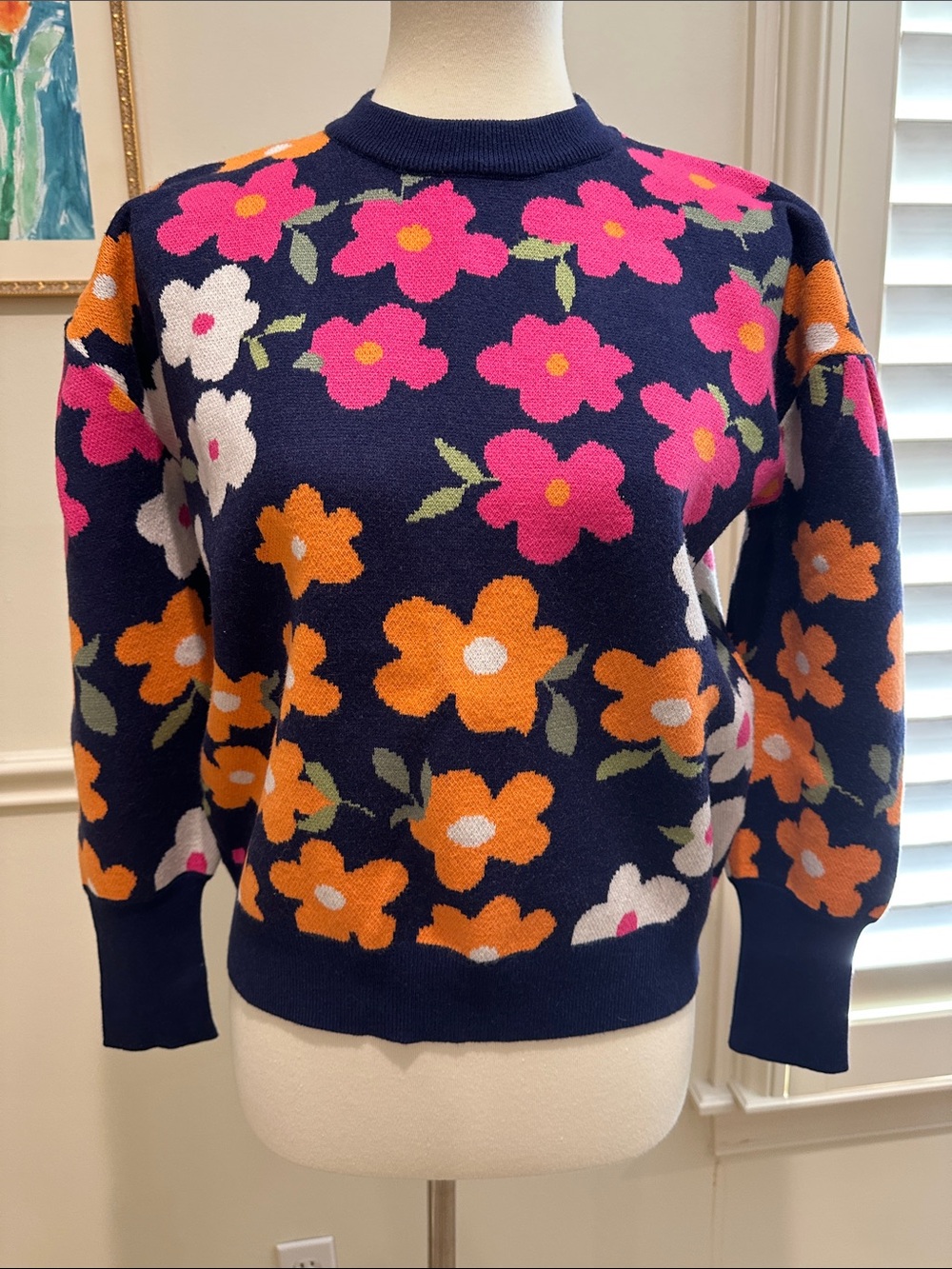 THML Navy Crewneck Sweater with Pink, Orange & White Floral Knit